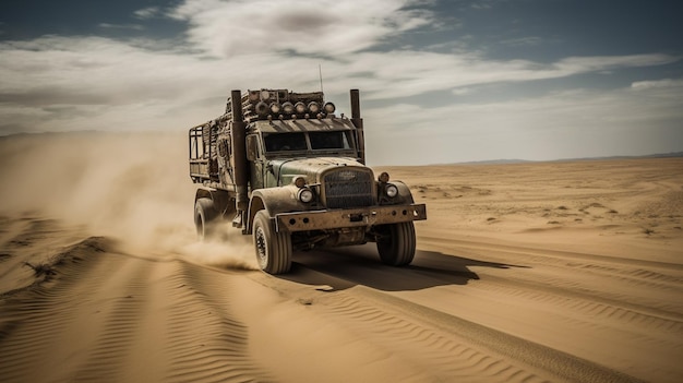 Un camion nel deserto con la polvere che vola fuori dal tettuccio