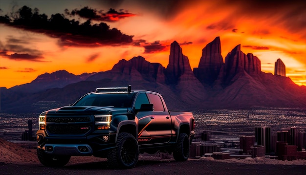 Un camion nero chevy silverado è parcheggiato di fronte a una montagna al tramonto