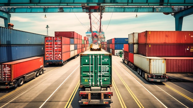 Un camion portacontainer in un porto navale per la logistica aziendale e il trasporto di navi da carico container che mostrano l'importanza di una logistica efficiente e affidabile nel commercio globale