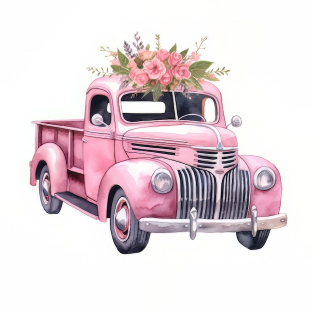 Un camion rosa con fiori sul tetto.