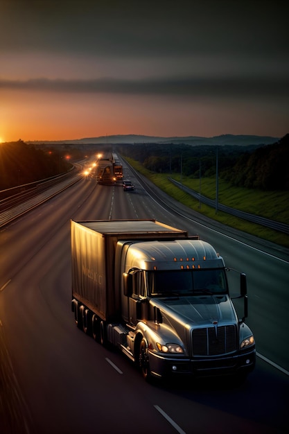 Un camion semi guida lungo una strada al tramonto