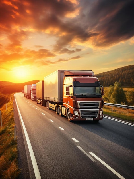 un camion semi guidando lungo un'autostrada al tramonto