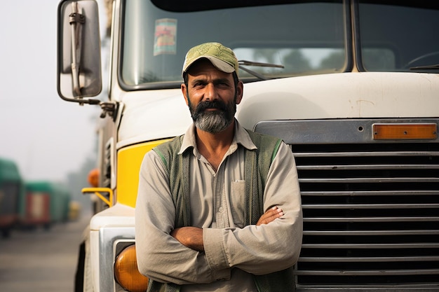 Un camionista indiano felice e laborioso in piedi davanti al suo camion.