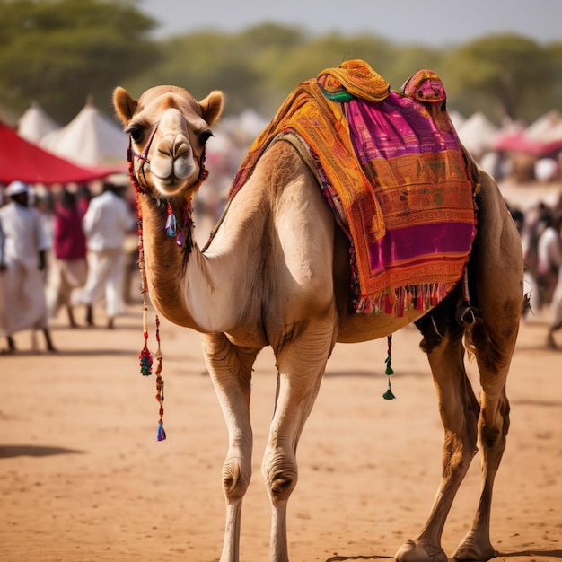 Un cammello che indossa una coperta luminosa e colorata sulla schiena in piedi nel deserto