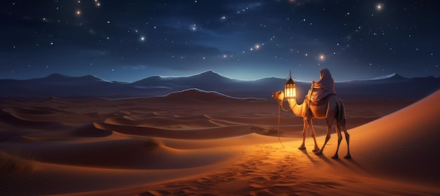 Un cammello che porta una lanterna di notte nel deserto con le dune di sabbia e la luna splendente