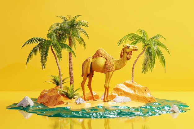Un cammello è in piedi di fronte a una palma su uno sfondo giallo