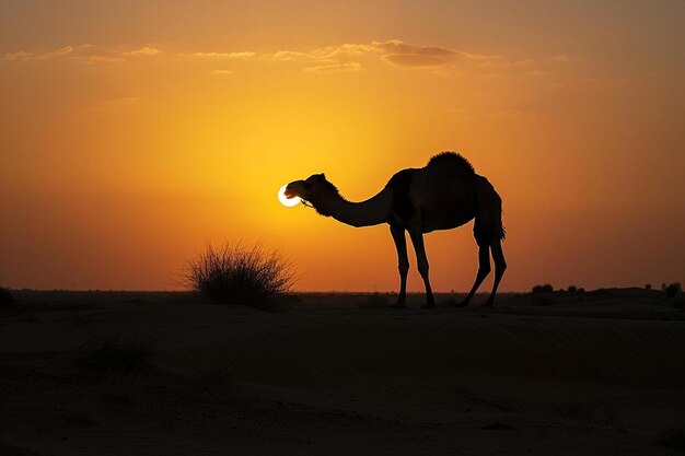 un cammello in piedi nel deserto al tramonto