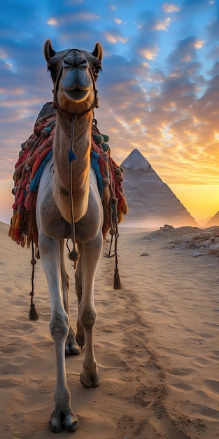 un cammello su una sella colorata con la Grande Sfinge di Giza sullo sfondo e un'alba dorata