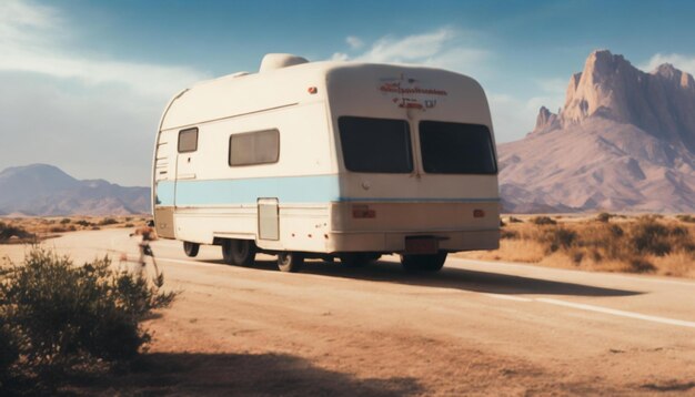 Un camper bianco e blu è parcheggiato su una strada di terra.