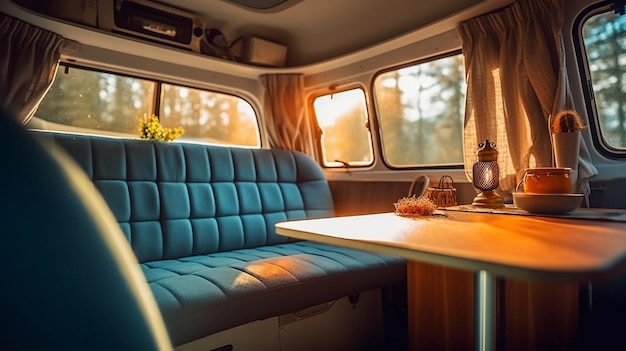 Un camper con tavolo e sedie con cuscino blu.