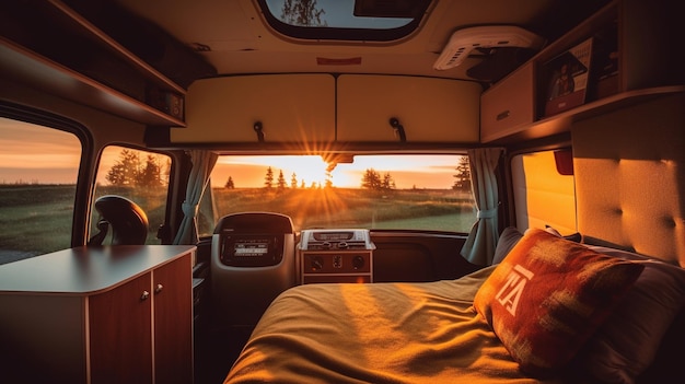 Un camper con un cuscino sul letto e una scrivania con scrivania sullo sfondo.