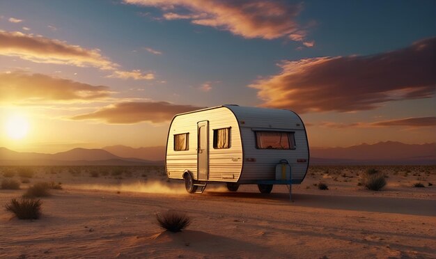 Un camper nel deserto sabbioso