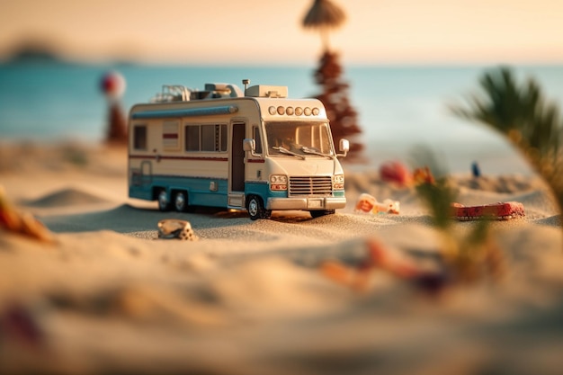 Un camper parcheggiato su una pittoresca spiaggia con una vista mozzafiato sul mare AI generato