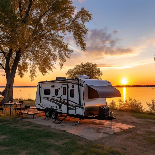 un camper parcheggiato vicino a un lago al tramonto