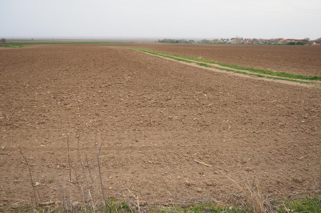 Un campo arato con trattore a Chalma Serbia Agribusiness Terreno agricolo Suolo nero fertile Roda di solchi in un campo arato preparato per la semina delle colture in primavera Vista prospettiva orizzontale