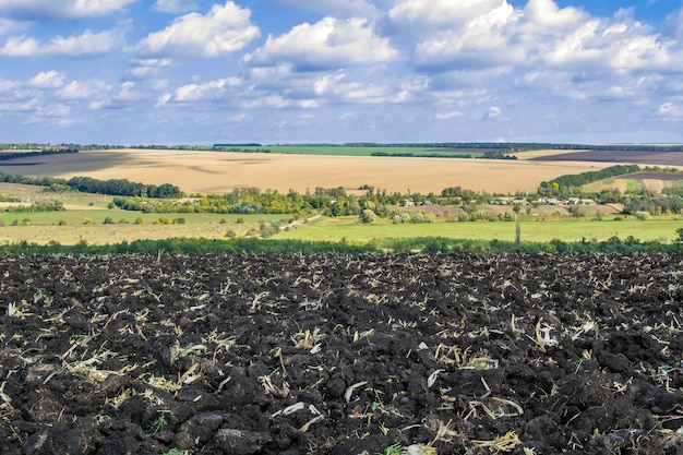 Un campo arato dopo la raccolta del mais con un trattore completo di aratro a otto corpi