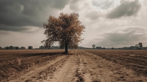 un campo arido e un albero in esso con tempo nuvoloso e asciutto