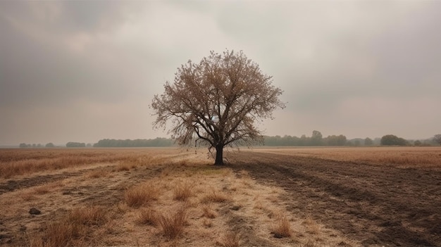 un campo arido e un albero in esso con tempo nuvoloso e asciutto