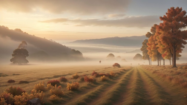 un campo con alcuni alberi e un cielo nebbioso sullo sfondo