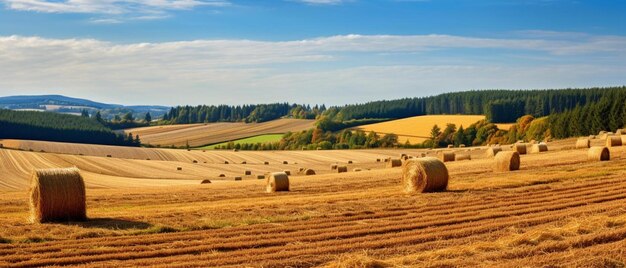 un campo con balle di fieno e alberi sullo sfondo