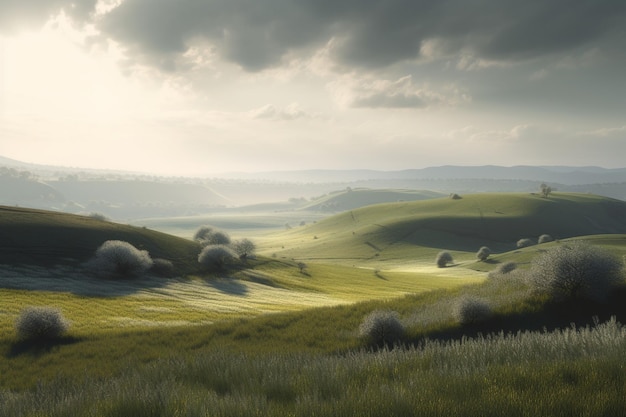 Un campo con colline e alberi sullo sfondo