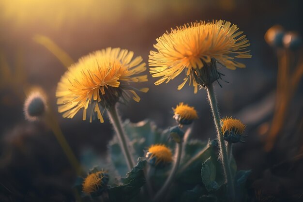 Un campo con denti di leone gialliLa bellezza della natura IA generativa