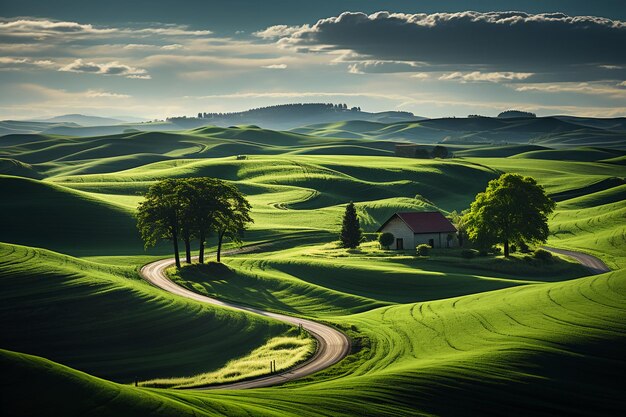 Un campo con erba verde e dolci colline AI generativo