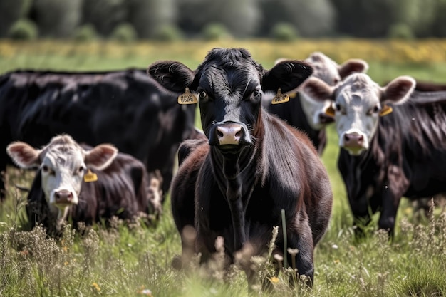 Un campo con mucche e vitelli