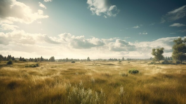 Un campo con un cielo blu e nuvole