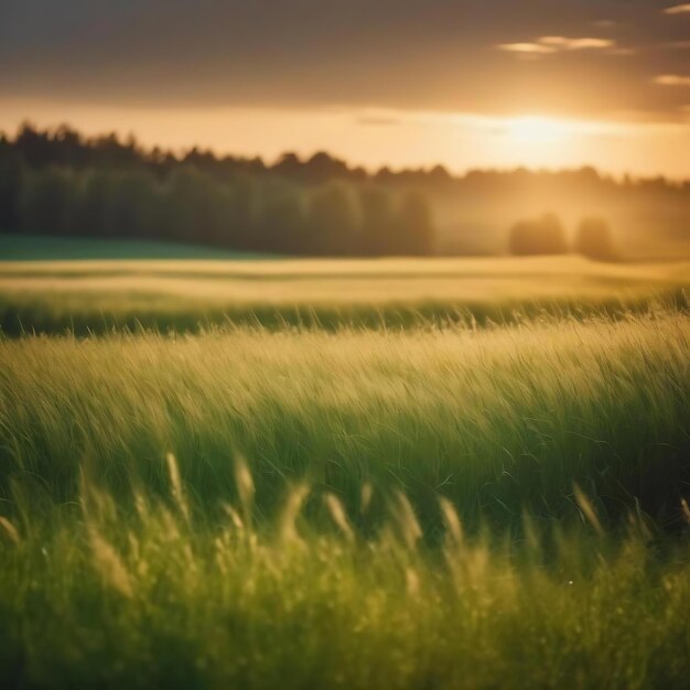 un campo con un sole che tramonta dietro e l'erba è verde e gialla