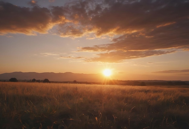 un campo con un tramonto sullo sfondo