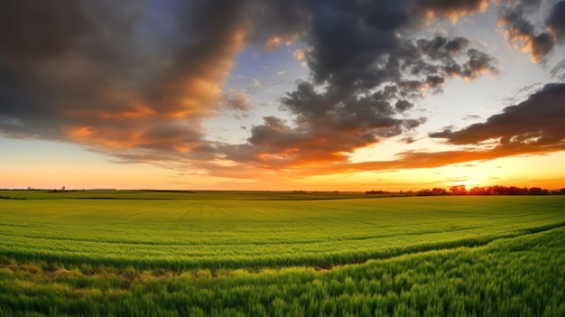 Un campo con un tramonto sullo sfondo