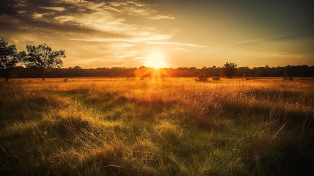 Un campo con un tramonto sullo sfondo