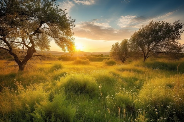 Un campo d'erba con il sole che tramonta dietro di esso