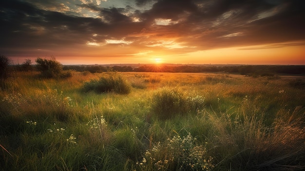 Un campo d'erba con il sole che tramonta dietro di esso