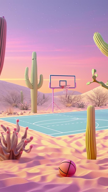 un campo da basket circondato da cactus e cactus