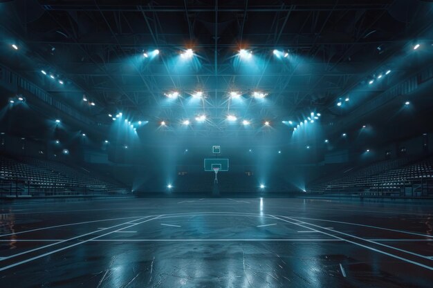 un campo da basket con luci sul soffitto e un cerchio da basket sul pavimento