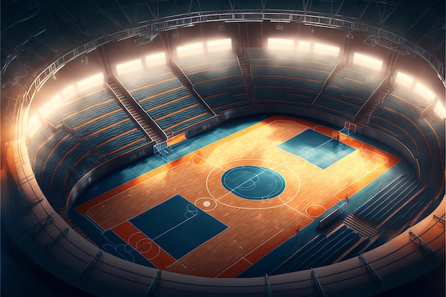 un campo da basket con un basket al centro