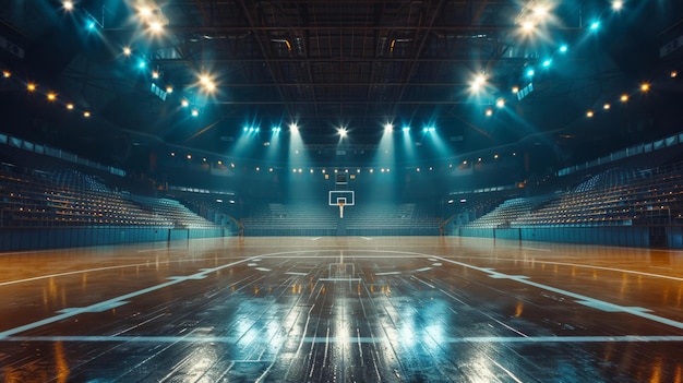 Un campo da basket vuoto illuminato in modo drammatico che mostra il pavimento di legno lucido e i posti a sedere dell'arena