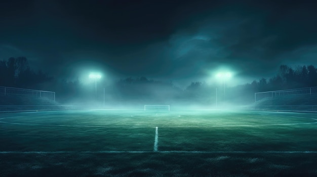 un campo da calcio con luci sul campo di notte