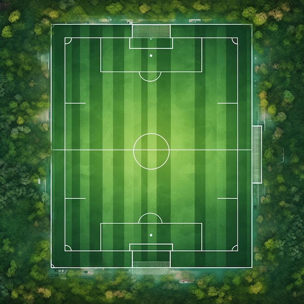 un campo da calcio con un campo da calcio e alberi sullo sfondo.