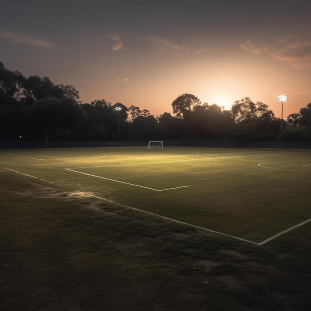 Un campo da calcio con un cielo luminoso al tramonto