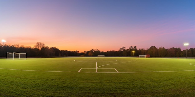 Un campo da calcio con un tramonto sullo sfondo