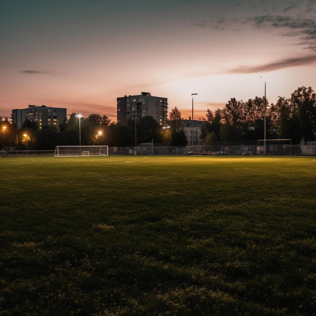 Un campo da calcio con una città sullo sfondo