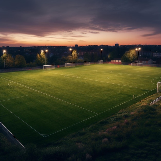 Un campo da calcio di notte con le luci accese