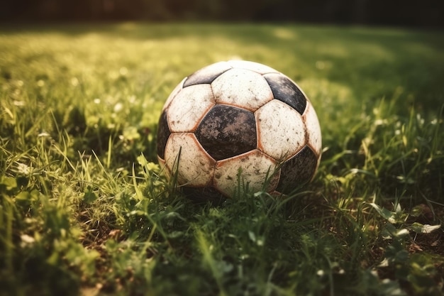 Un campo da calcio in erba verde con uno stadio vuoto sullo sfondo con un pallone da calcio