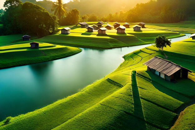 un campo da golf con case sull'acqua
