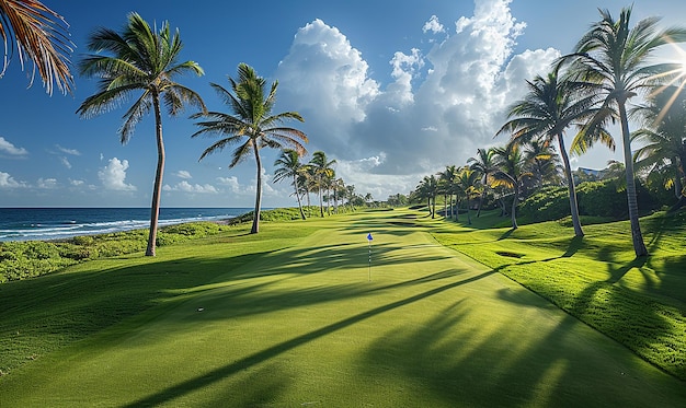 un campo da golf con palme e un campo da Golf sullo sfondo