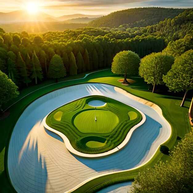 Un campo da golf è circondato da alberi e il sole sta tramontando.