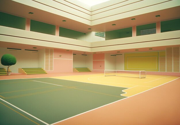 Un campo da tennis al coperto rosa e giallo con pavimento verde e parete gialla.